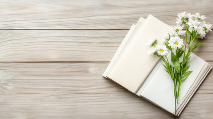 A collection of family photo albums rests on an old wooden table, adorned with fresh flowers nearby, creating a warm and nostalgic atmosphere for Peruvian Mothers Day festivities