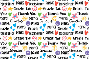 seamless repeating pattern with thank you lettering in different languages. vector illustration
