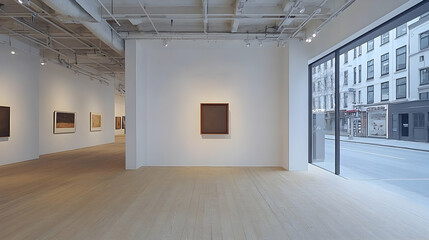 Empty gallery space with artwork, city view