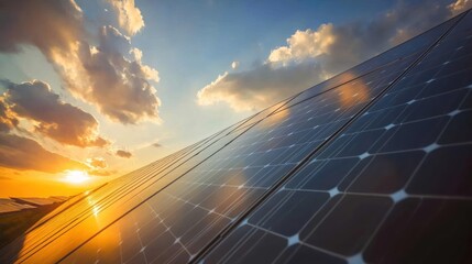 Fototapeta premium Renewable Energy: Photovoltaic Panels at Sunset with a Cloudy Sky