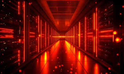 Futuristic server room with glowing red lights and data processing capabilities