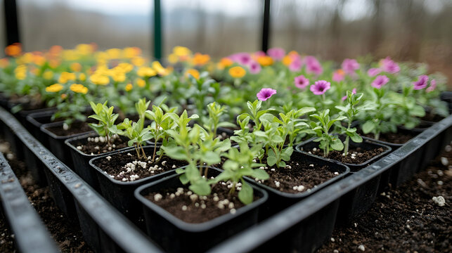 Colorful seedlings in a greenhouse tray (1)