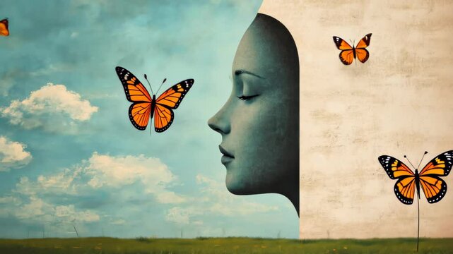 Education as a Window to New Discoveries and Scientific Exploration with Surreal Landscape, Face Profile, Butterfly, and Cloudy Sky in a Serene Impressionist Style Artwork for Innovative Design