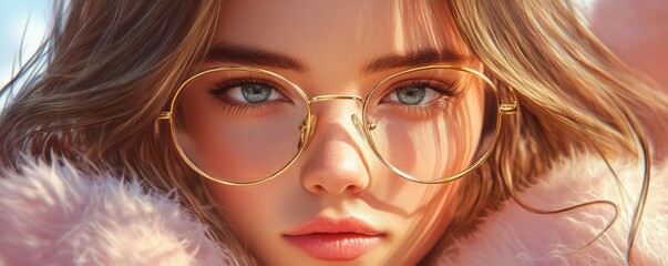Obraz premium Discover the subtle elegance of a Minimalist woman with gold-rimmed glasses, a serene expression, and a palette of neutral colors This captivating image embodies understated beauty and sophistication