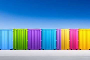 Fototapeta premium Vibrant row of colorful shipping containers against a clear blue sky in an urban setting