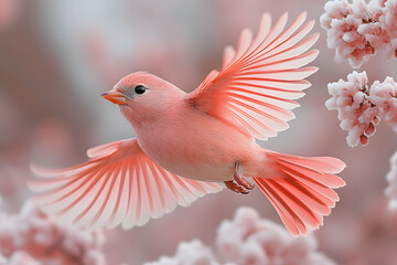 Fototapeta premium Zarter rosa Vogel im Flug zwischen blühenden Zweigen 
