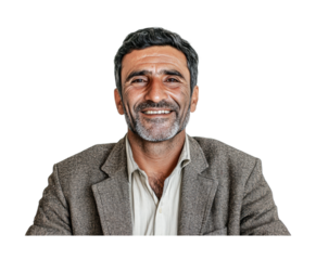 Friendly businessman smiling warmly, showcasing confidence and approachability in an office setting for professional branding, cut out