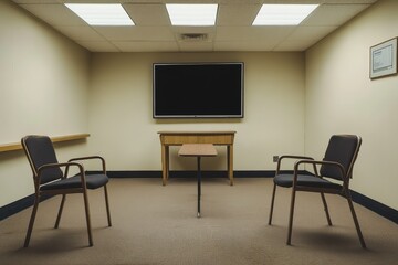 Minimalist meeting room interior with empty TV screen, modern furniture, and neutral tones. AI generated illustration.