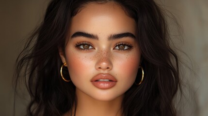 Naklejka premium Elevate your style with a trendy minimalist woman showcasing modern fashion Discover the allure of gold hoop earrings against a soft, neutral background This image embodies simple elegance, perfect