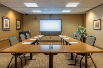 Fototapeta premium Minimalist meeting room interior with empty TV screen, modern furniture, and neutral tones. AI generated illustration.
