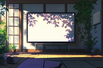 Fototapeta premium Minimalist meeting room interior with empty TV screen, modern furniture, and neutral tones. AI generated illustration.