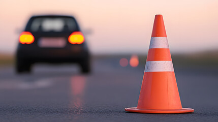 Traffic cone in road warns of danger ahead with car tail lights in the background, reminding drivers to stay cautious and be aware of potential hazards.