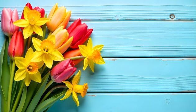 Un vibrante arreglo de tulipanes y narcisos contrasta con un fondo r&uacute;stico de madera de color azul claro