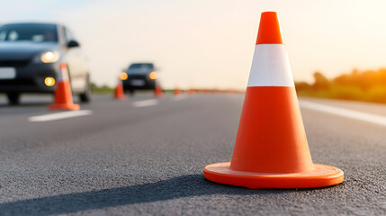 Road work: Orange and white traffic cones line a gray asphalt road, guiding cars in the distance under a sunny sky during road maintenance or construction.