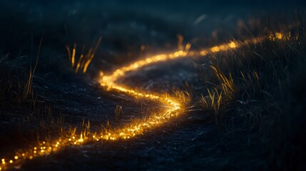 Night path, glowing light, grass, nature, aesthetic, wallpaper