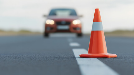 Road safety cone marks the roadway with a blurred car approaching in the distance. Focused on the foreground, highlighting roadway safety and awareness.