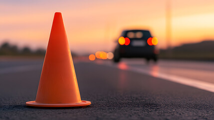 Road safety cone glows on asphalt at sunset, blurred car lights in background. Caution on the highway.