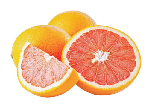 Fresh citrus fruit collection featuring sliced grapefruit and whole oranges for healthy living and cooking inspiration, cut out