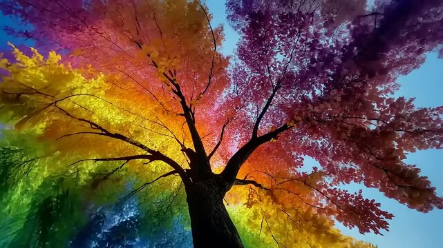 Vibrant rainbow-colored tree viewed from below against a clear blue sky, showcasing nature's beauty