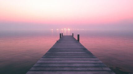 Obraz premium Serene Dusk on the Lake: A Long Wooden Dock Leading into Tranquility