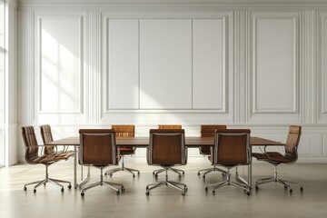 Minimalist conference room with large wooden table and chair. AI generated illustration.