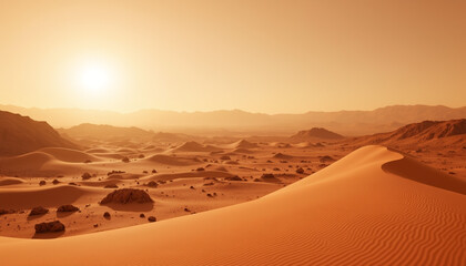 Barren Martian landscape with red sand dunes under daytime sun, exploration