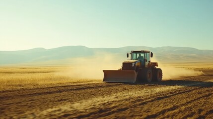 Naklejka premium Tractor Moving Earth in Clear Blue Sky