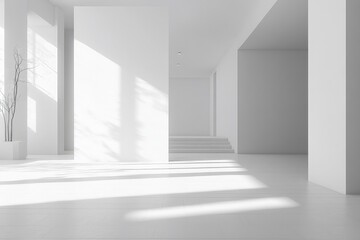 Minimalist exhibition hall with blank wall for display. AI generated illustration.