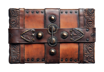 Vintage leather bound journal with intricate detailing and decorative clasps for personal reflection and creativity, cut out