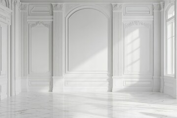 Minimalist exhibition hall with blank wall for display. AI generated illustration.