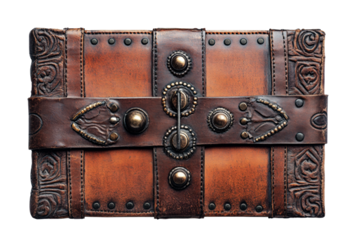 Vintage leather bound journal with intricate detailing and decorative clasps for personal reflection and creativity, cut out