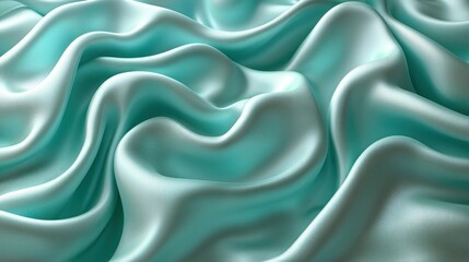 Fototapeta premium Abstract waves flow across a light teal satin fabric, studio background