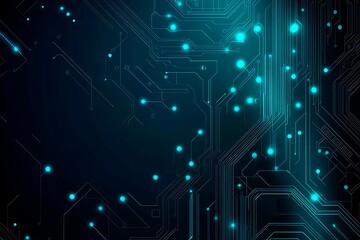 Abstract close-up of a glowing blue digital circuit board, showcasing intricate connections and technological design on a black background.
