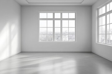 Fototapeta premium Minimalistic gallery interior with blank gray wall and city view. AI generated illustration.