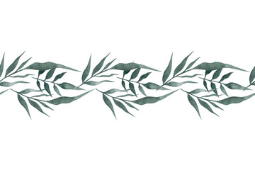 Pattern of watercolor leaves. Horizontal template for banner or wedding invitation. Hand painted botanical illustration with plants.