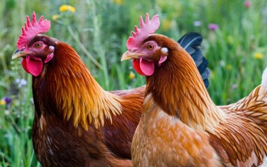Fototapeta premium Two brown hens with vibrant red combs stand together in a lush, green field adorned with wildflowers.
