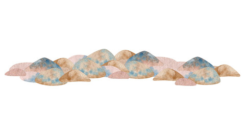 Sea pebble colorful. Pile of small smooth stones. Hand drawn watercolor illustration isolated. Element of nature landscape, nature composition. Clipart for card, print, textile, sticker