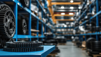 Naklejka premium A spacious warehouse showcases an extensive collection of gears and machine parts neatly stacked on shelves, ready for use