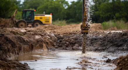 Fototapeta premium Workers are excavating a water well in a muddy site, with machinery in the background and water pooling around the dig site