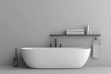 Minimalistic gray bathroom interior with decorative objects. AI generated illustration.