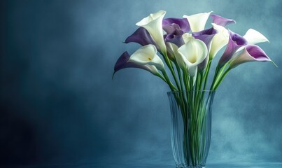 A vase of purple and white flowers sits on a blue background