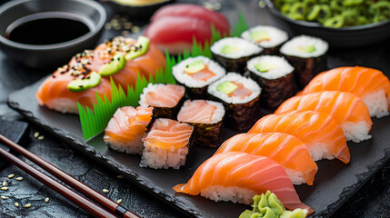 Japanese sushi platter with salmon nigiri, tuna, and sashimi