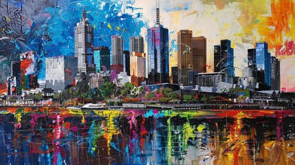 Melbourne city skyline with bold color splashes in a contemporary style