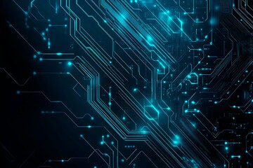 Abstract close-up of a glowing blue digital circuit board, showcasing intricate connections and technological design on a black background.
