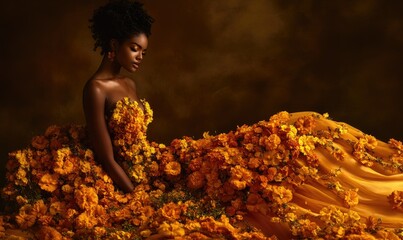 A woman is wearing a yellow dress with flowers on it