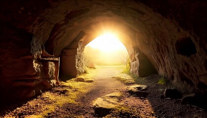 An ancient cave into which the rays of the sun peek. Easter concept. The atmosphere of hope for a new life