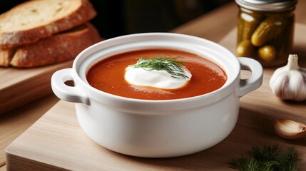 Traditional Russian borscht served in a white ceramic bowl with sour cream and dill on a rustic wooden table