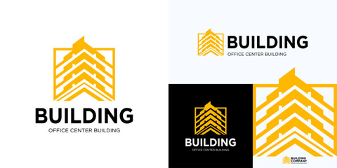 Building logo design, Wide angle view of steel high rise building, Construction logo icon design, Apartment logo symbol design, Usable logo sign for property, Architect, Hotel, Office center building. © Erips.id