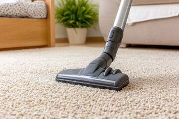 Vacuum cleaner cleans beige carpet in room, close-up of a vacuum cleaner.