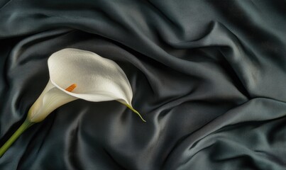 A white flower is on a black fabric